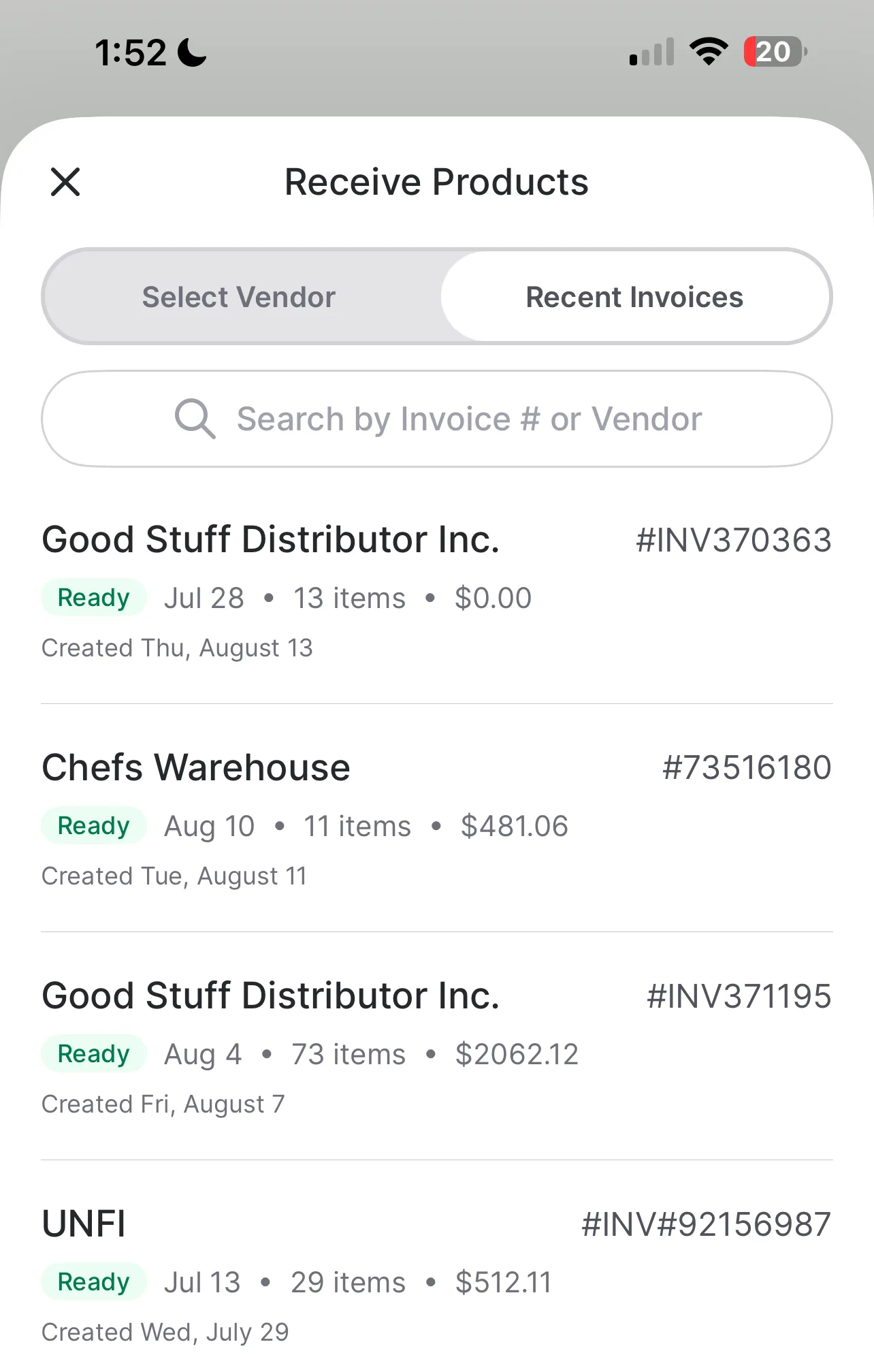 Recent Invoices tab showing ready invoices across multiple vendors with item counts and totals