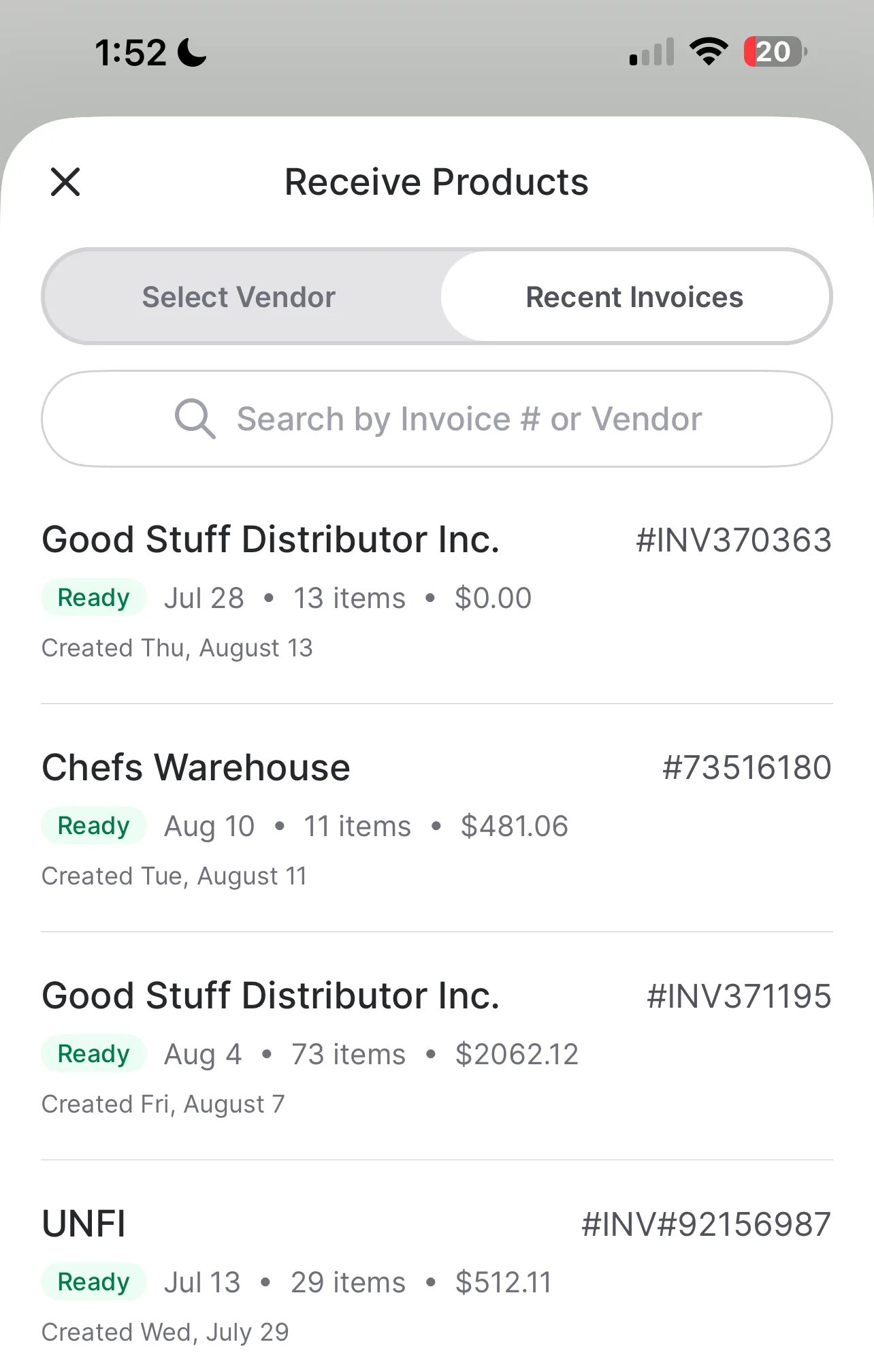 Recent Invoices tab showing ready invoices across multiple vendors with item counts and totals