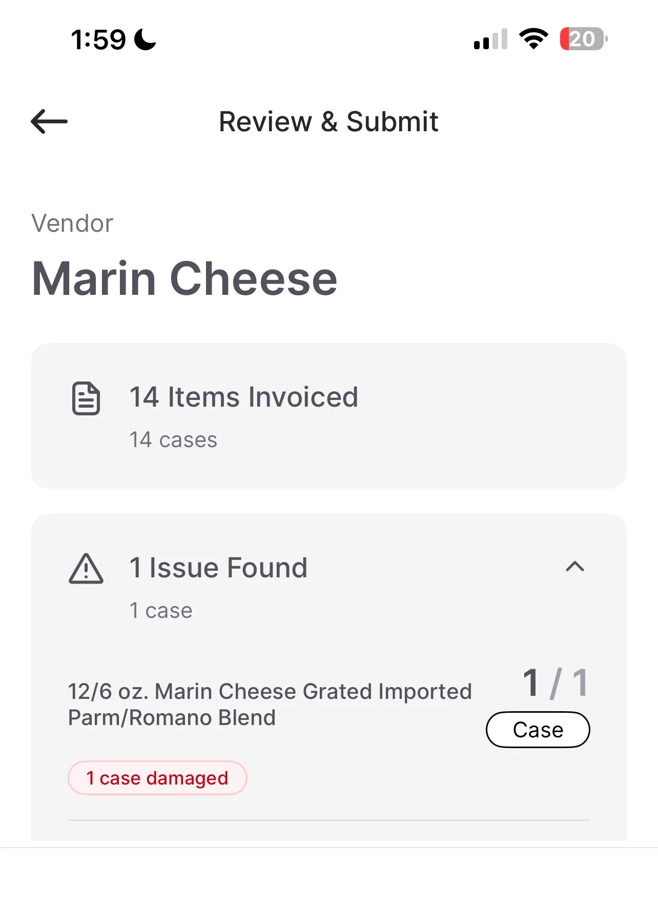 Review and Submit summary screen showing 14 items invoiced and 1 issue found