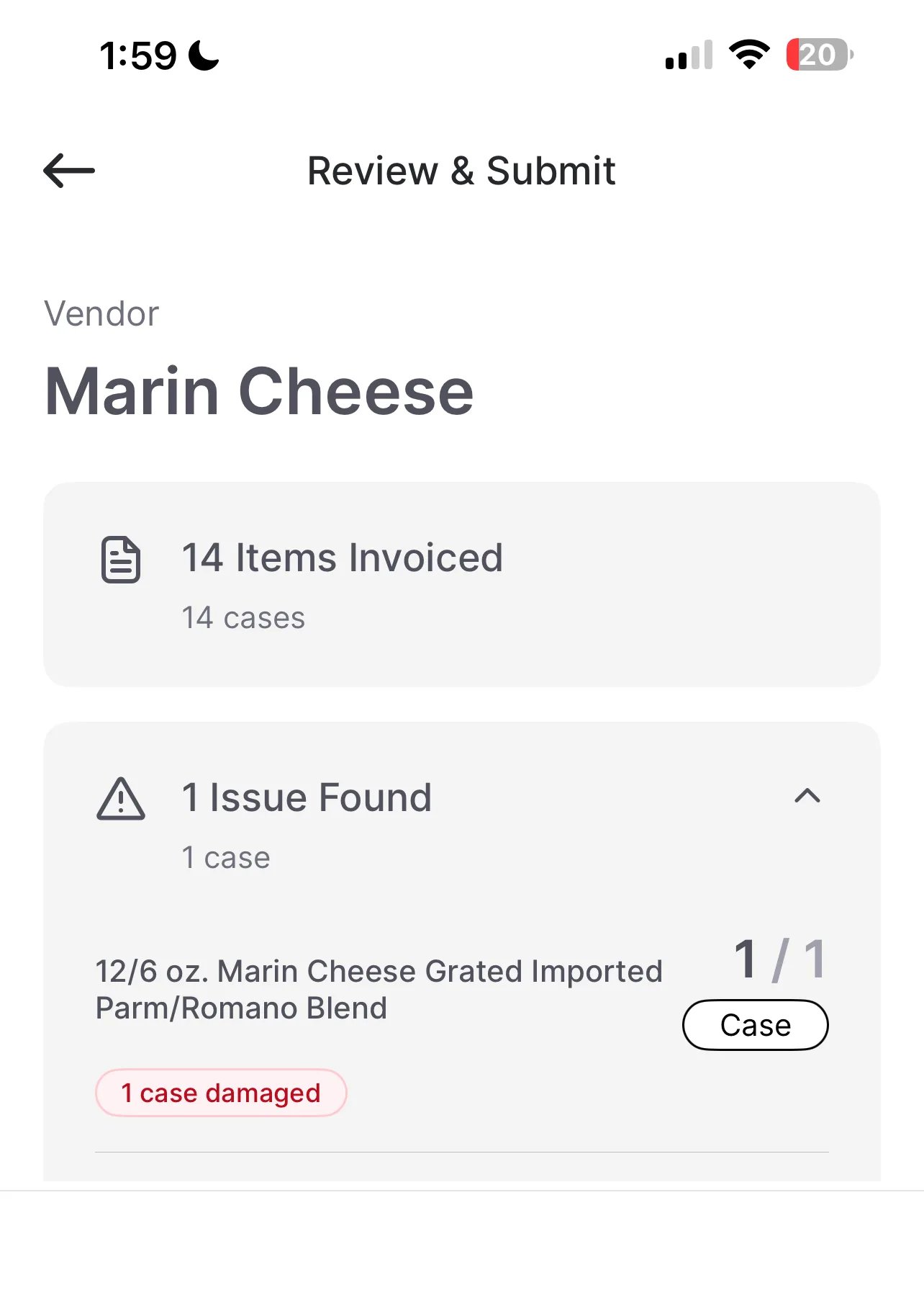 Review and Submit summary screen showing 14 items invoiced and 1 issue found
