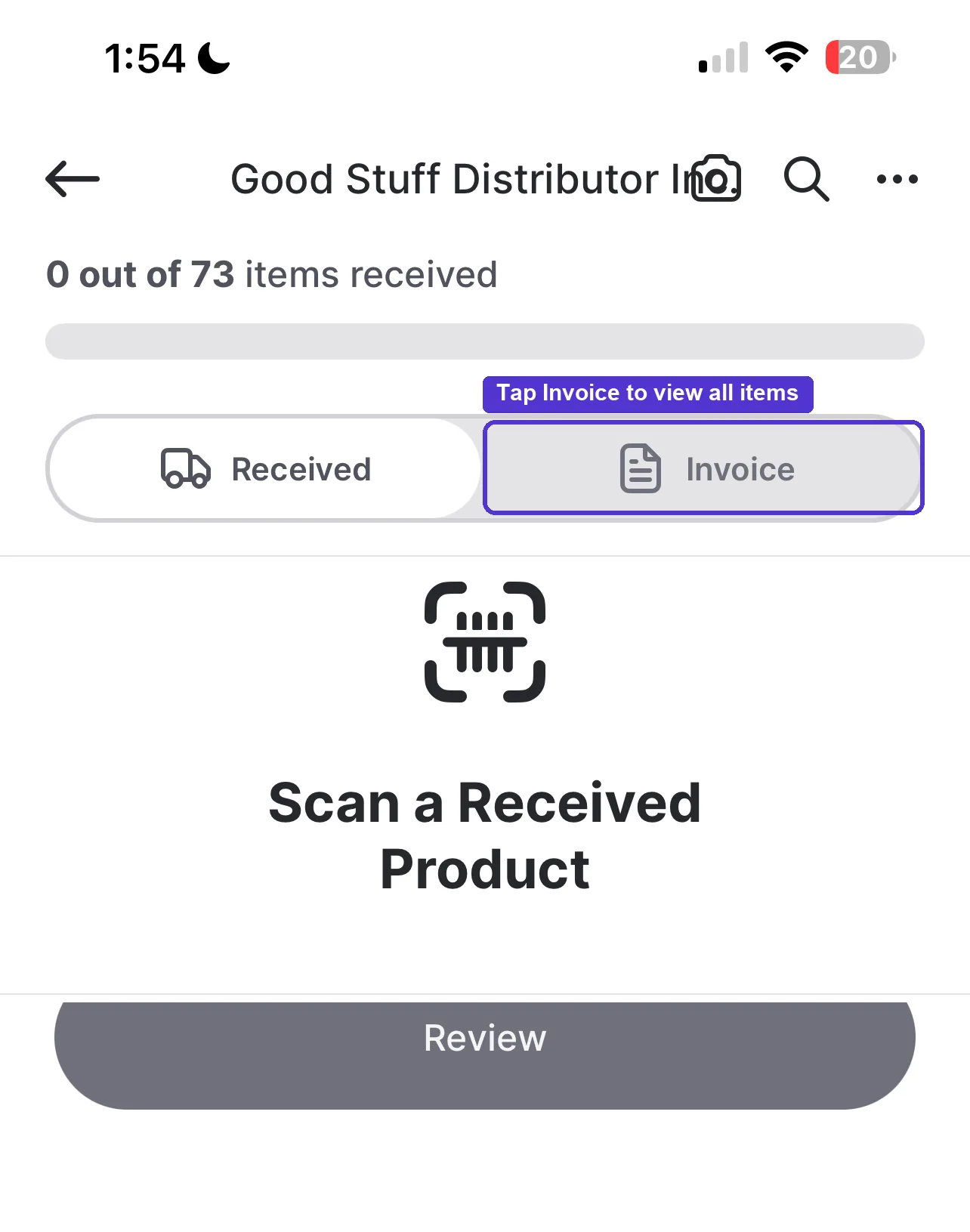 Scan a Received Product screen with Received and Invoice toggle tabs