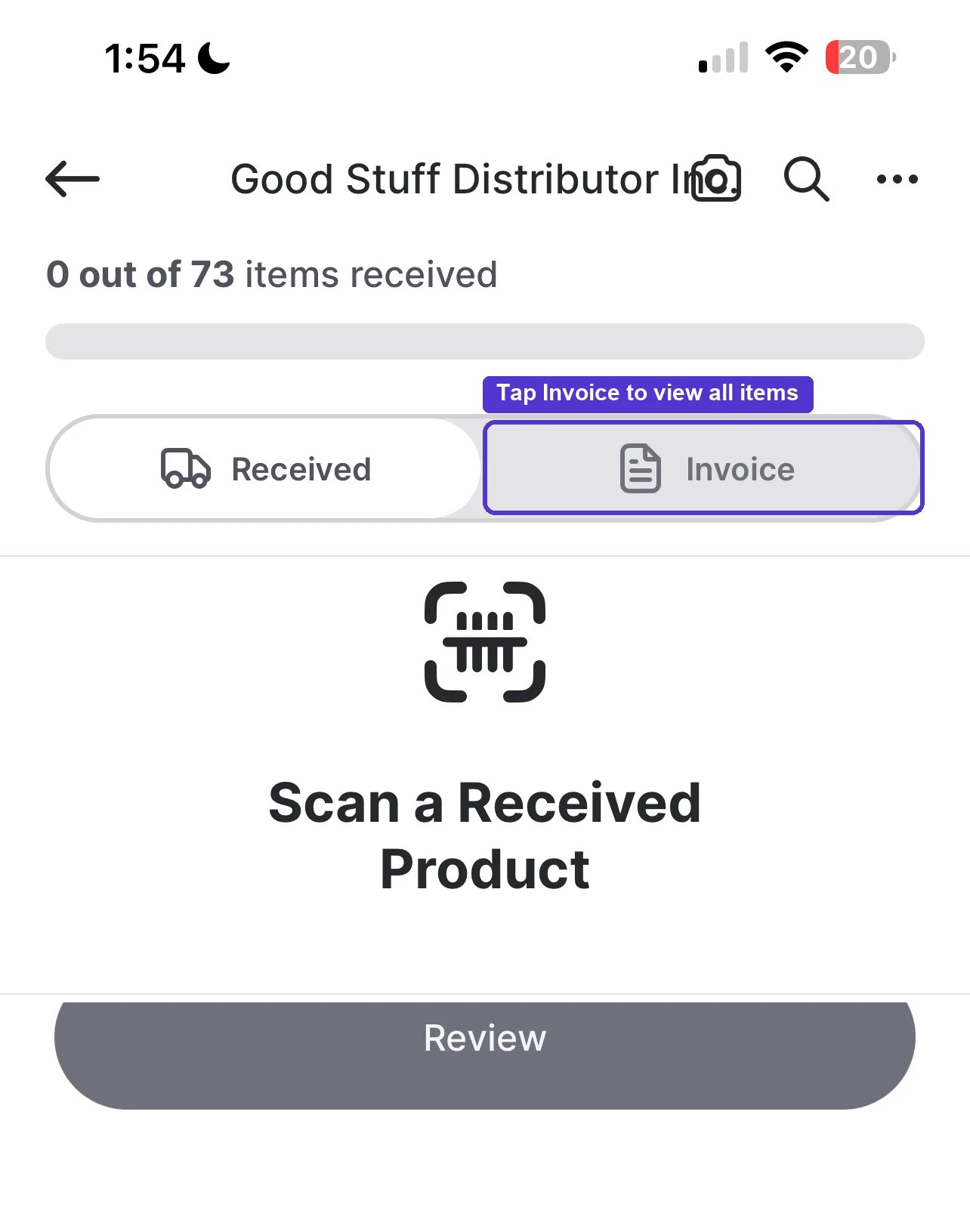 Scan a Received Product screen with Received and Invoice toggle tabs