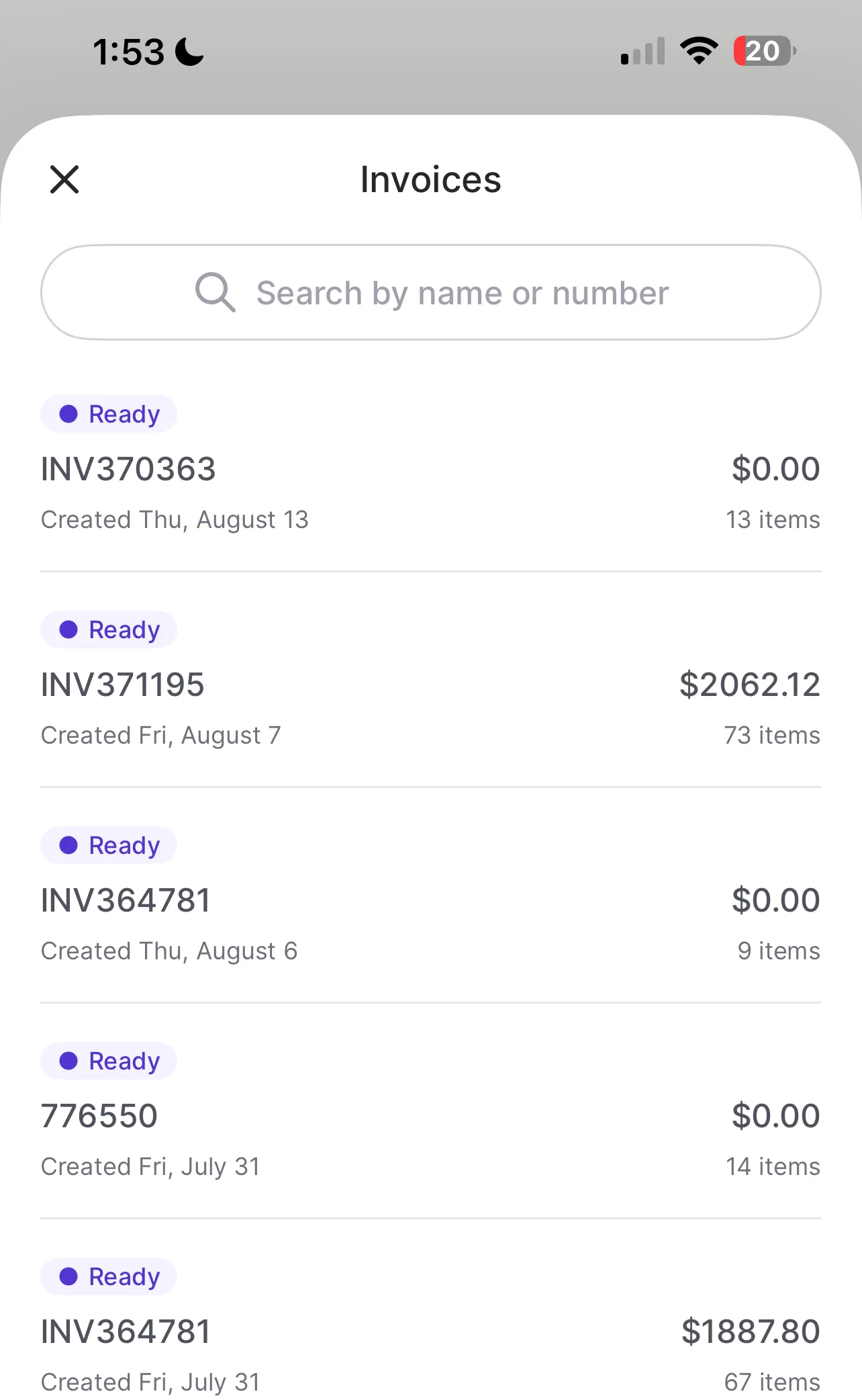 Invoices list for a single vendor showing Ready status, creation date, and total