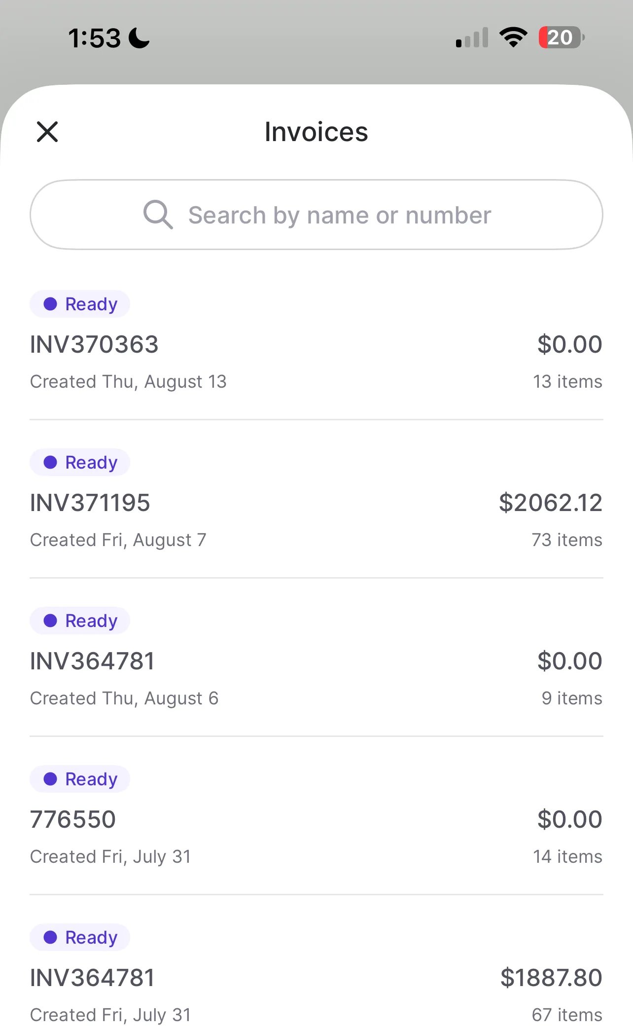 Invoices list for a single vendor showing Ready status, creation date, and total