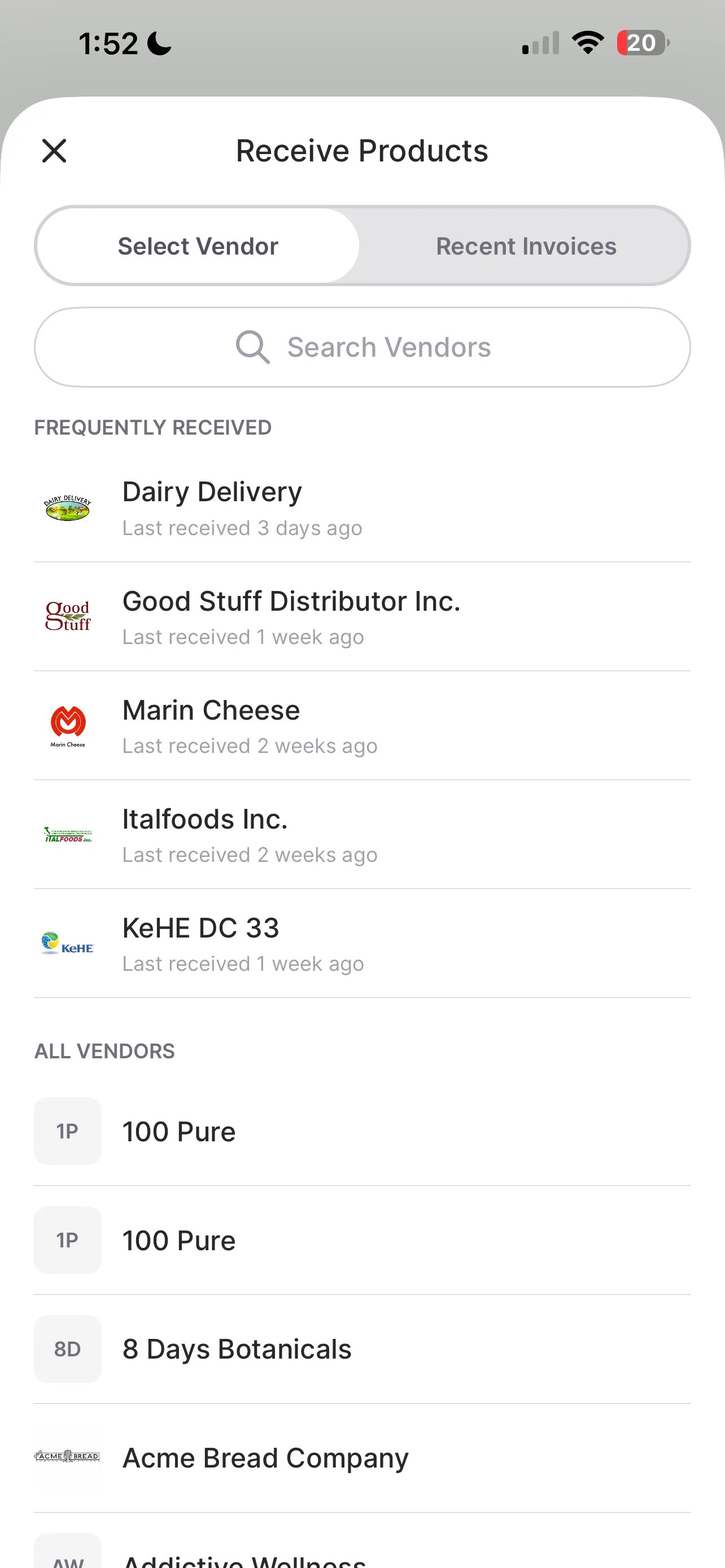 Select Vendor tab with a search bar and a list of frequently received vendors