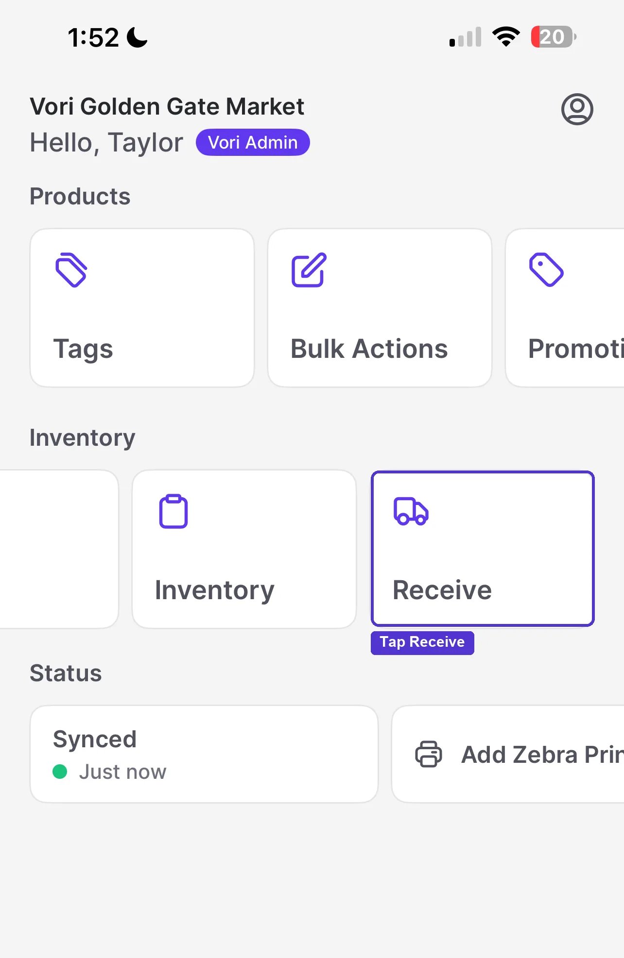 VoriOS home screen with Products, Inventory, and Status tiles, including a Receive tile under Inventory