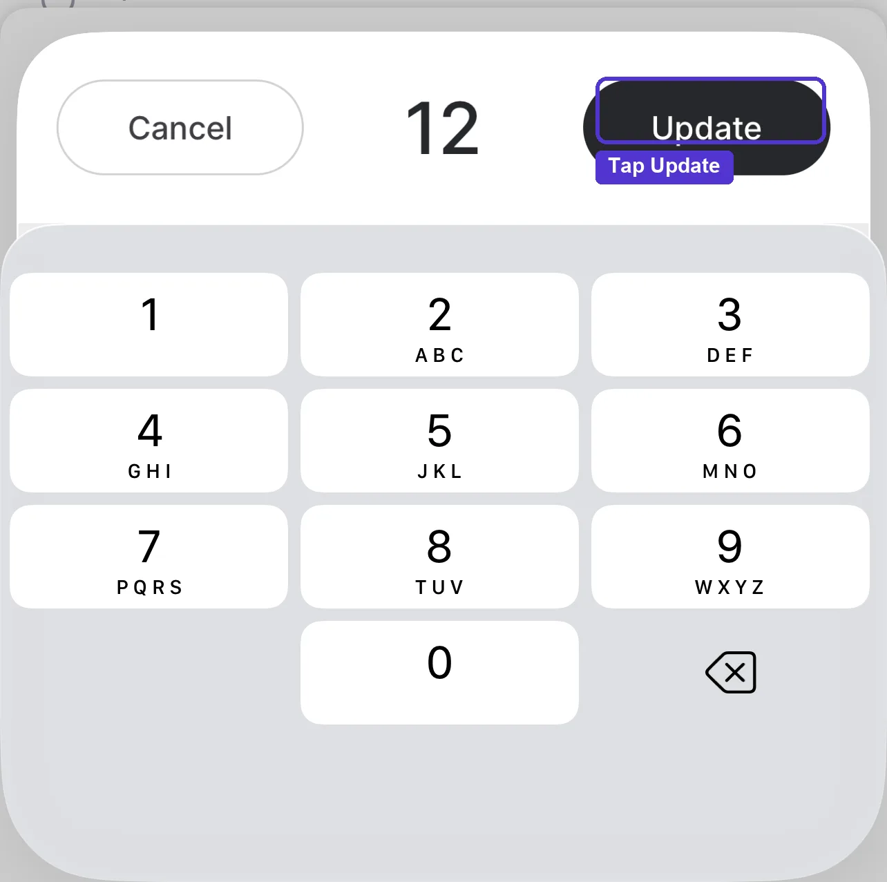 Add case size number pad with Cancel and Update buttons