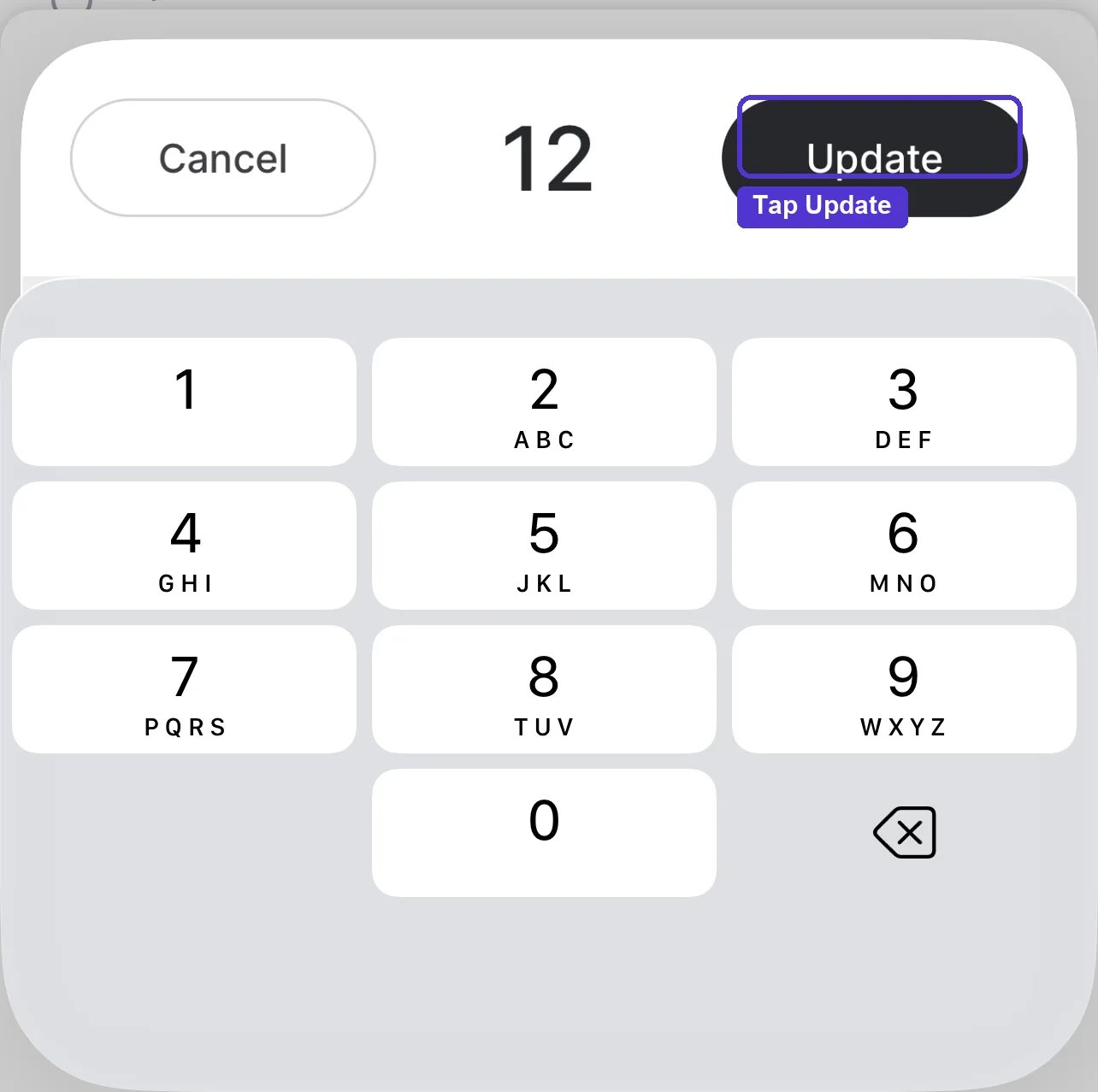 Add case size number pad with Cancel and Update buttons