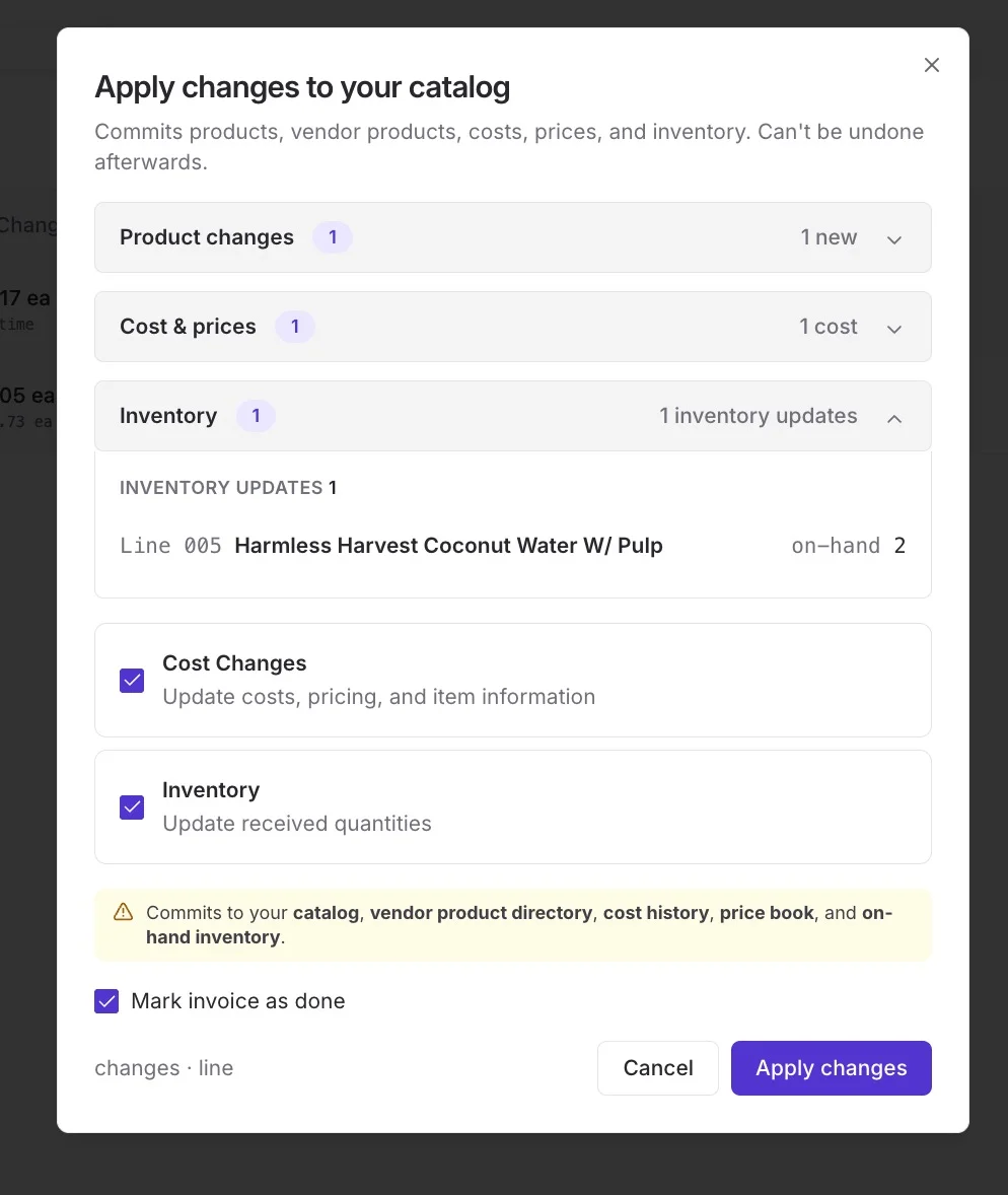 Apply changes to your catalog modal summarizing product, cost, and inventory changes