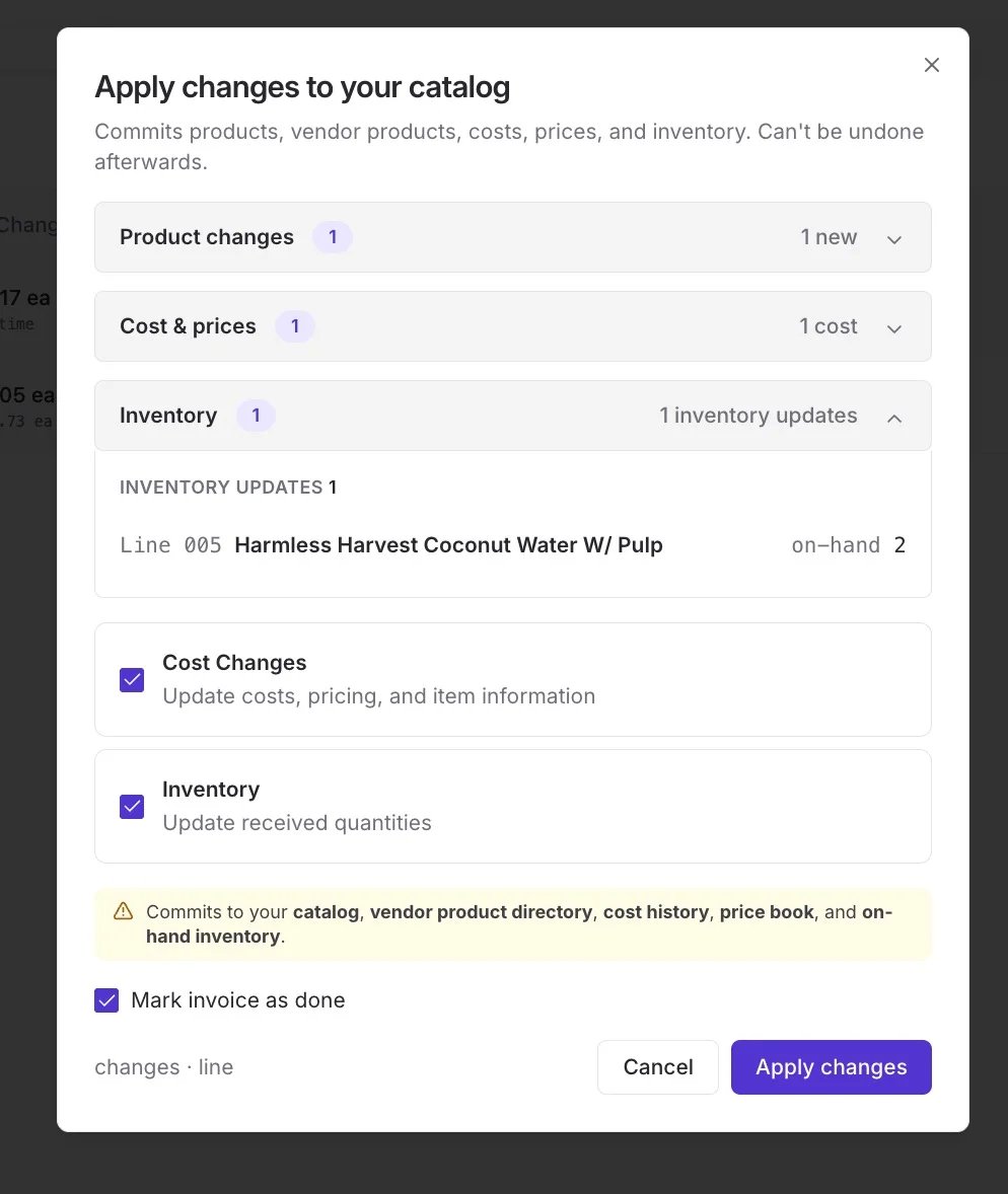 Apply changes to your catalog modal summarizing product, cost, and inventory changes
