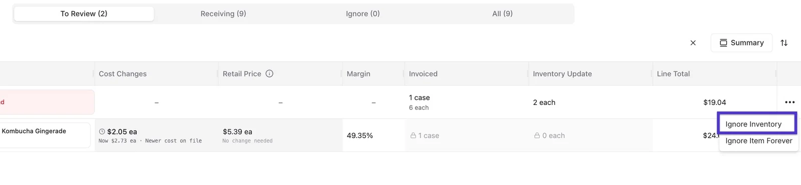 Three-dot menu on an invoice item showing Ignore Inventory and Ignore Item Forever options