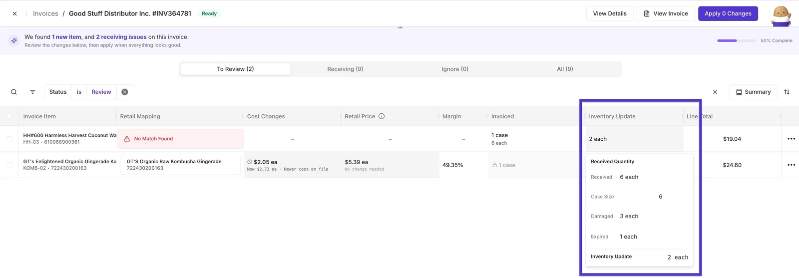 Inventory Update popup showing received quantity, case size, damaged, and expired breakdown