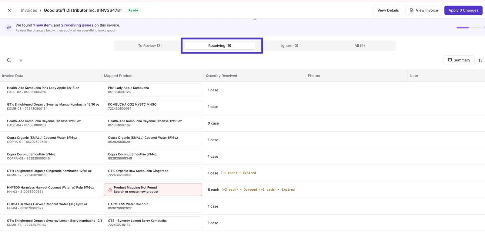 Invoice Receiving tab listing items with and without receiving issues