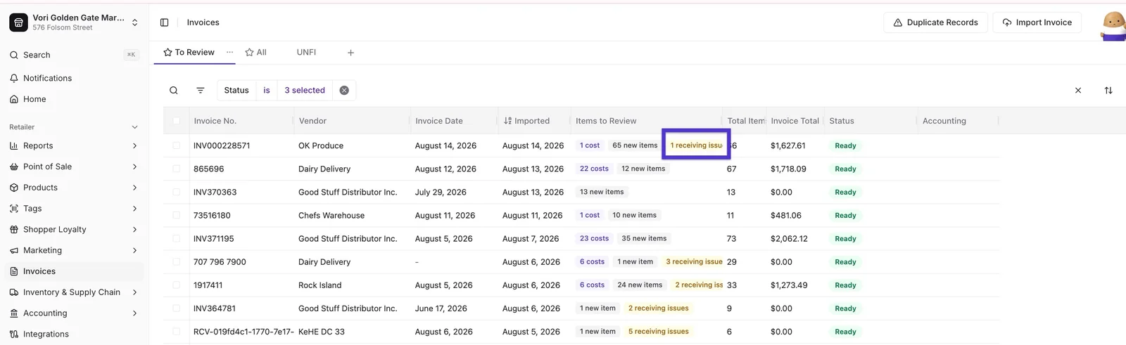 Invoices list with a receiving issue flag in the Items to Review column