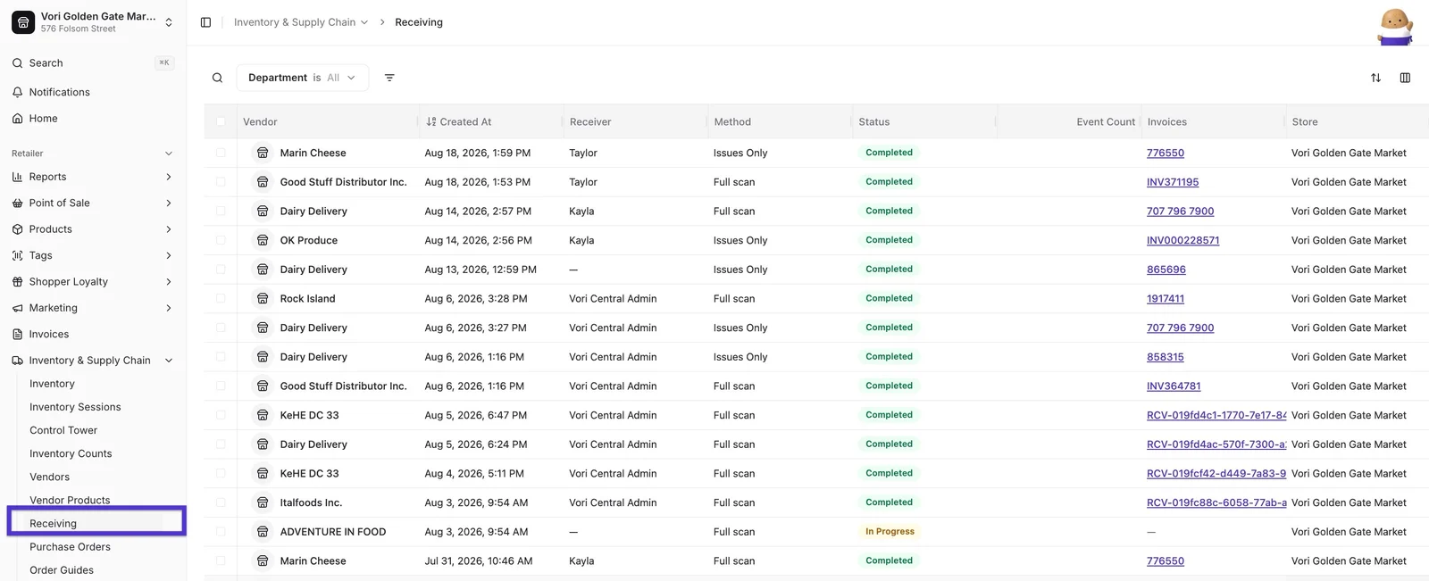 Receiving list page with Vendor, Created At, Receiver, Method, Status, and Invoices columns