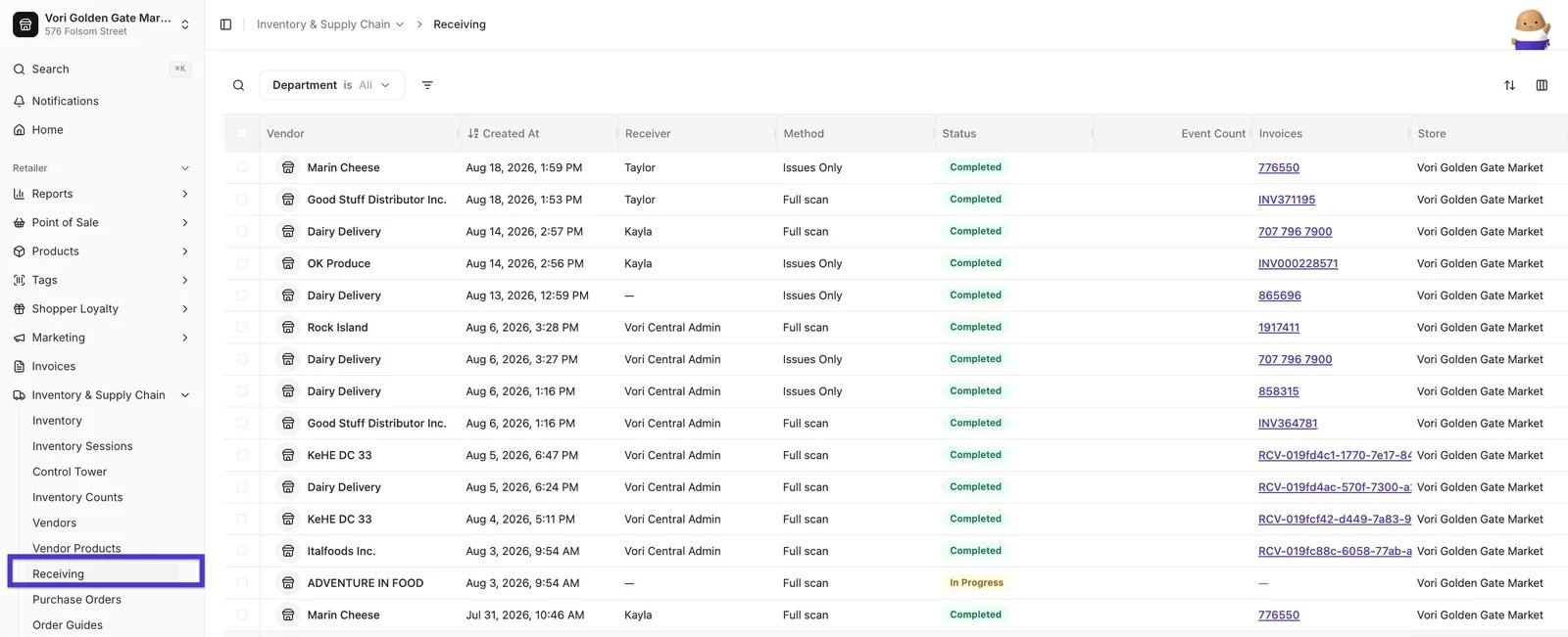 Receiving list page with Vendor, Created At, Receiver, Method, Status, and Invoices columns