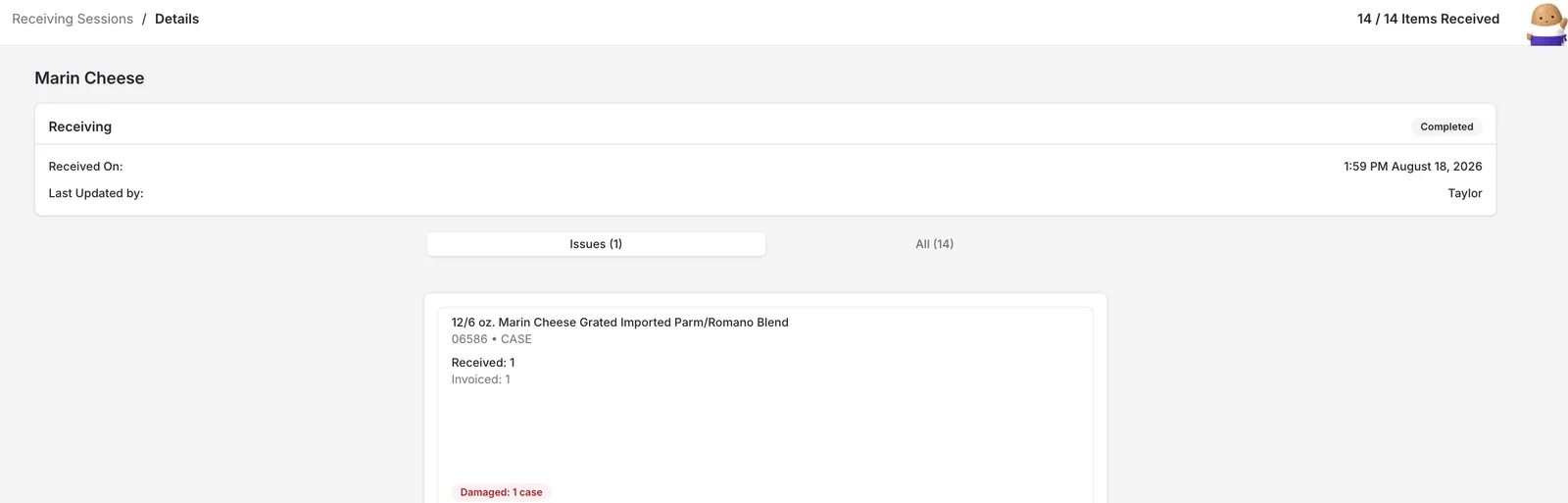 Receiving session detail showing an item with a Damaged tag