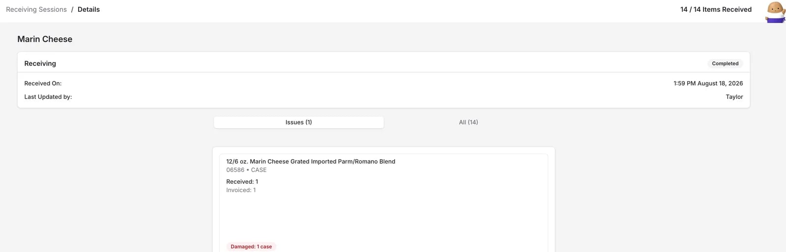 Receiving session detail showing an item with a Damaged tag