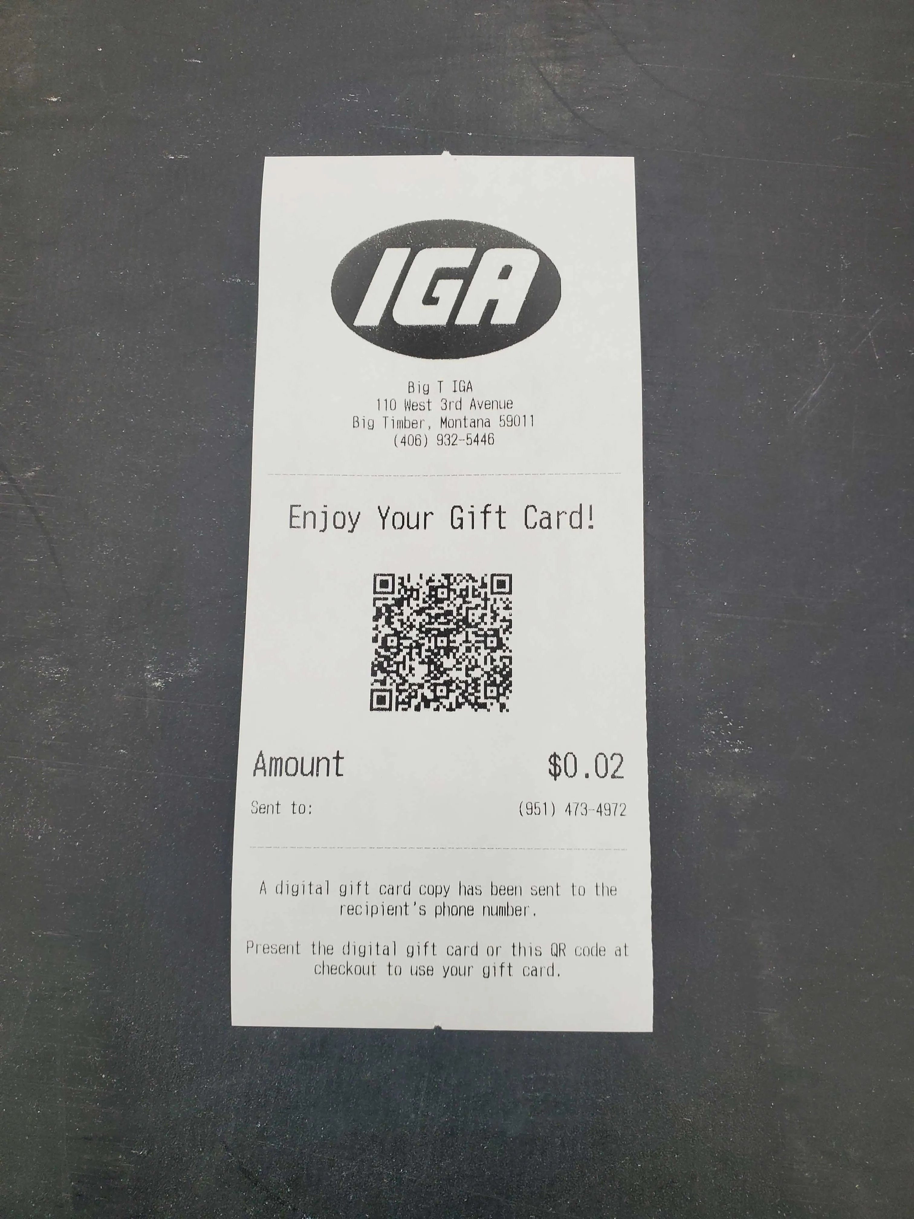 Printed gift card receipt with QR code