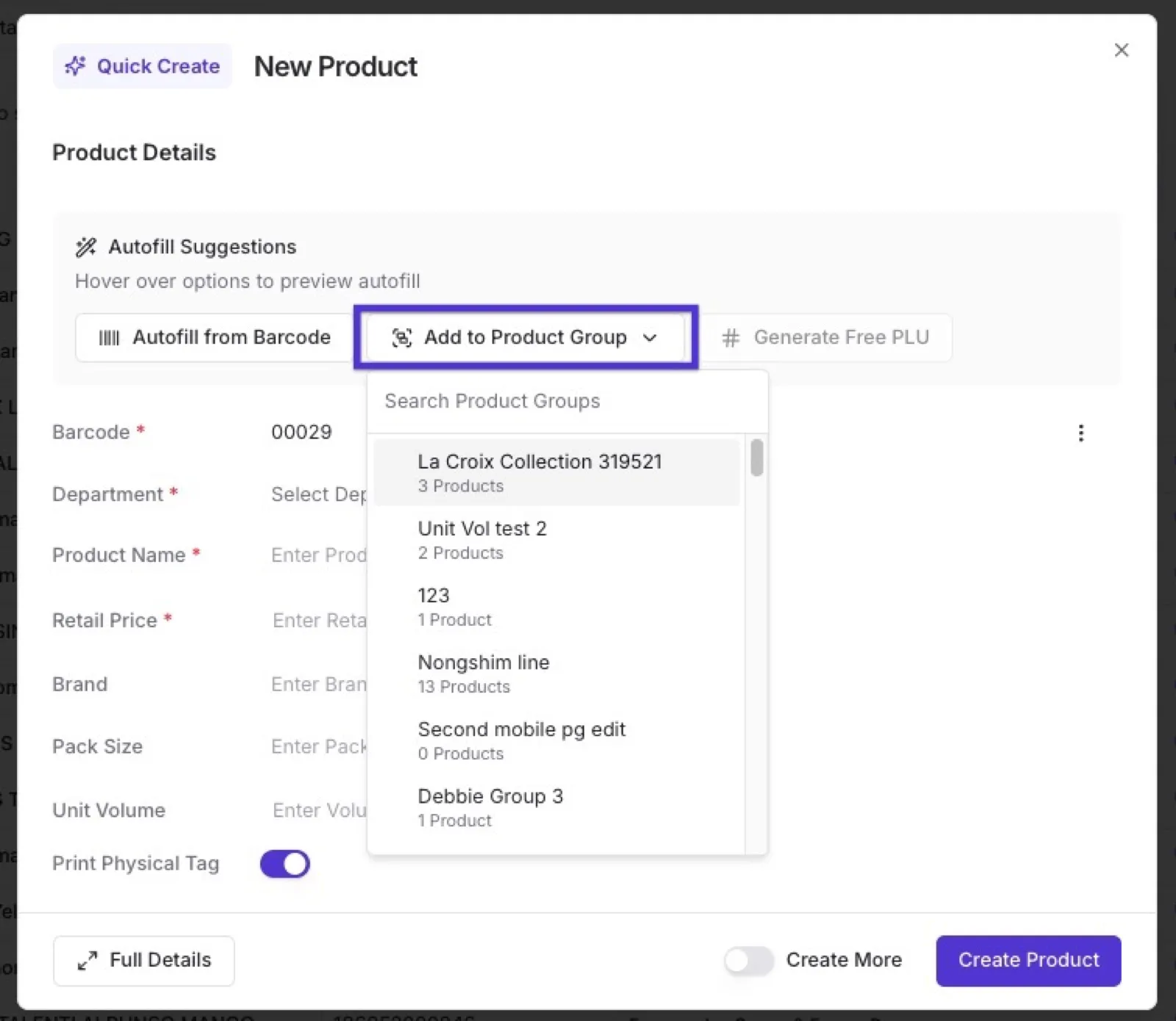 Add to Product Group dropdown in the Quick Create form showing a searchable list of groups