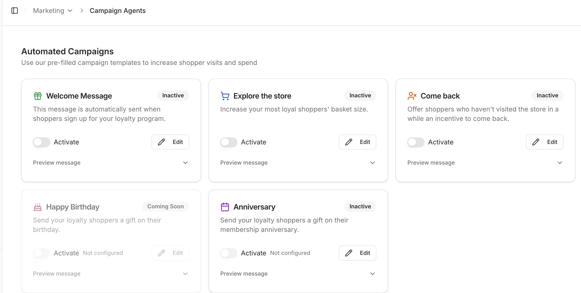 Automated Campaigns page showing Welcome Message, Explore the store, Come back, Happy Birthday, and Anniversary campaign cards