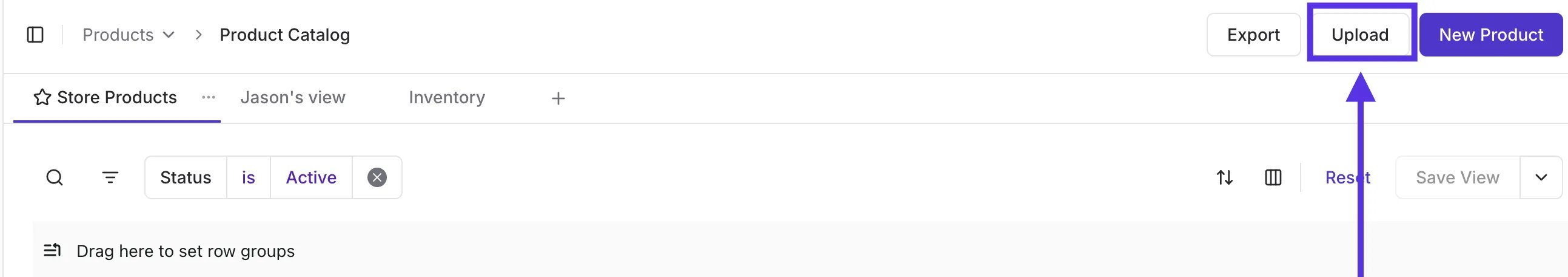 Product Catalog page with the Upload button highlighted in the top-right corner