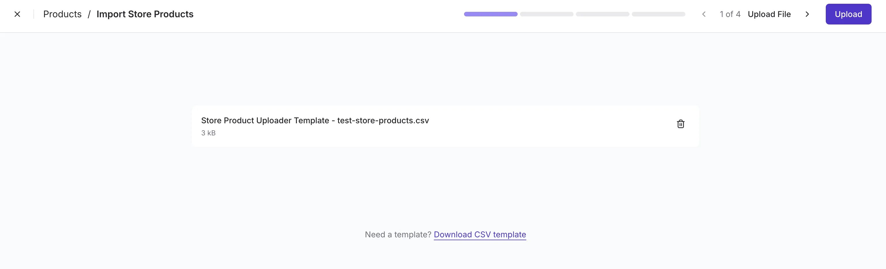Import Store Products upload screen showing a CSV file ready to upload and the Download CSV template link