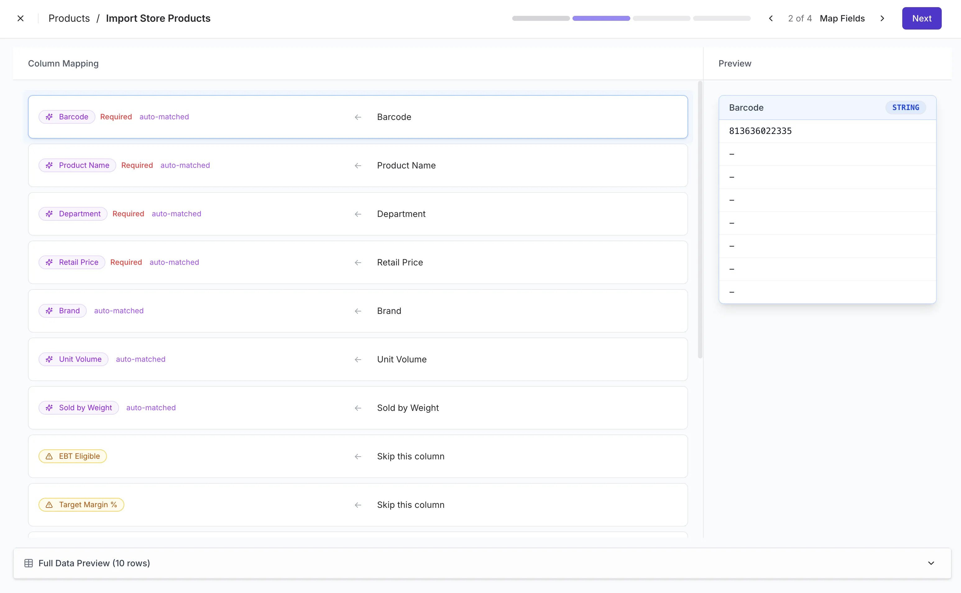 Map Fields step showing CSV columns matched to Back Office fields, with Barcode, Product Name, Department, and Retail Price flagged as required, and a Preview panel on the right