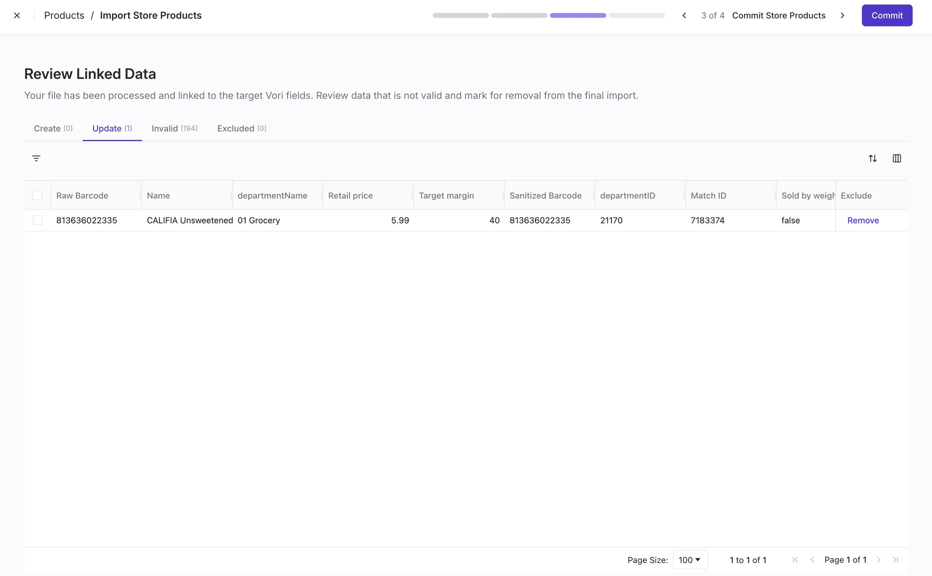 Review Linked Data step with Create, Update, Invalid, and Excluded tabs showing each row sorted before import