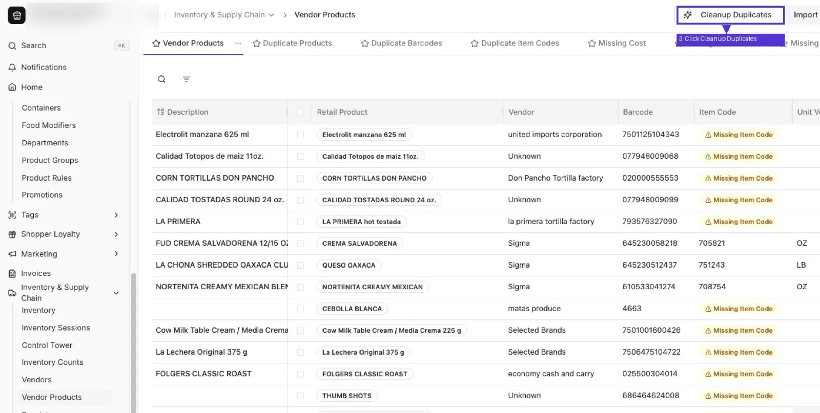Vendor Products page with the Cleanup Duplicates button highlighted in the top right