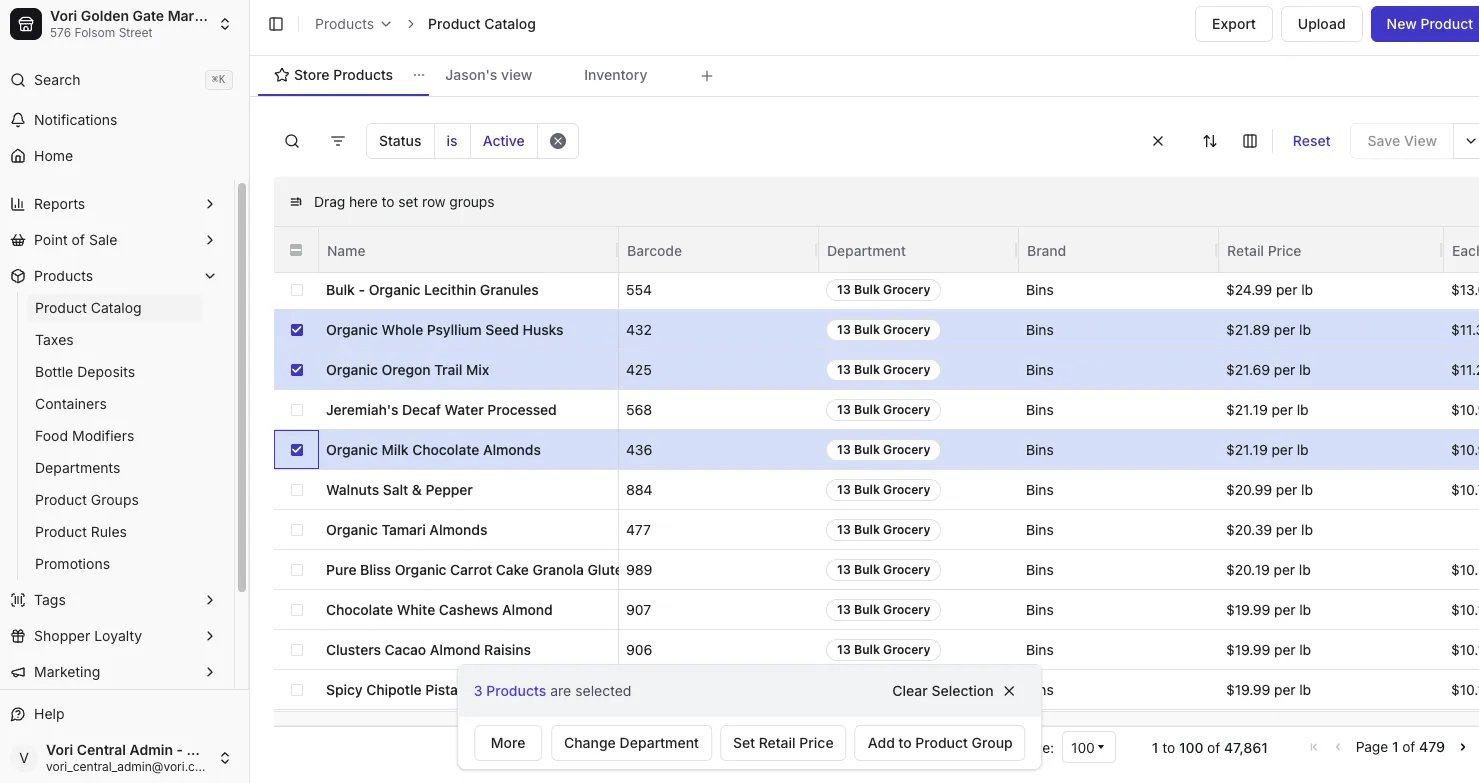 Product Catalog with three products selected and the bulk update prompt at the bottom of the screen
