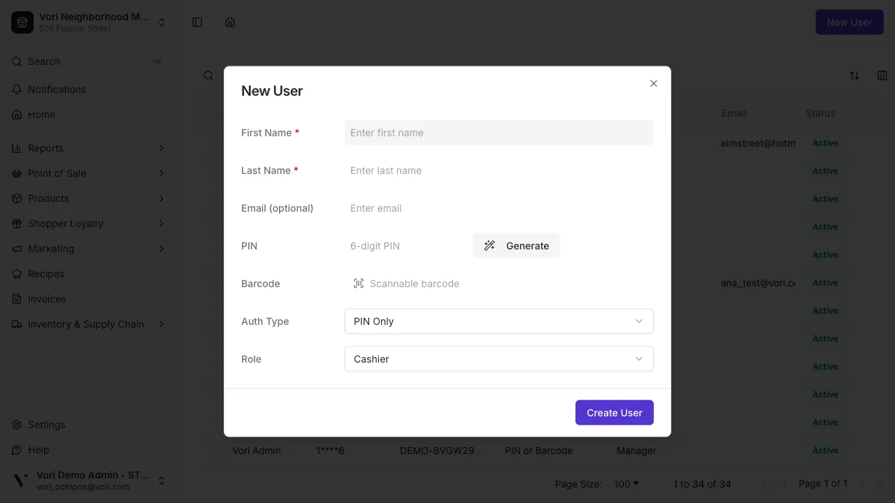 New User form with default Auth Type of PIN Only and Role of Cashier