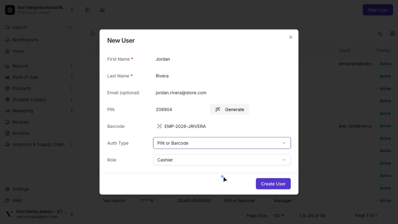 New User form with barcode entered and PIN or Barcode auth type selected