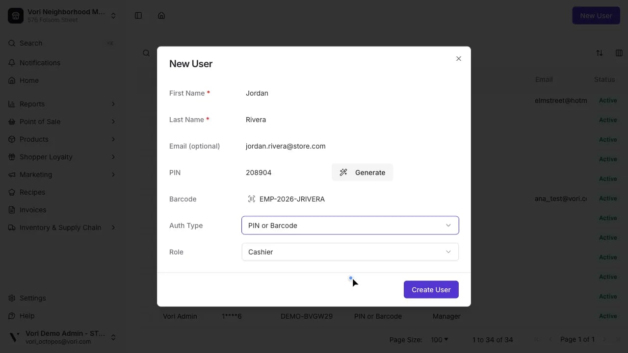 New User form with barcode entered and PIN or Barcode auth type selected