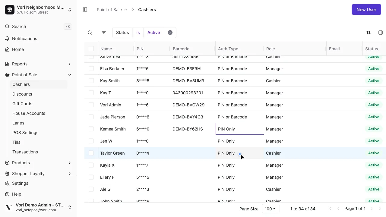Cashiers grid showing an employee's auth type updated to PIN or Barcode inline