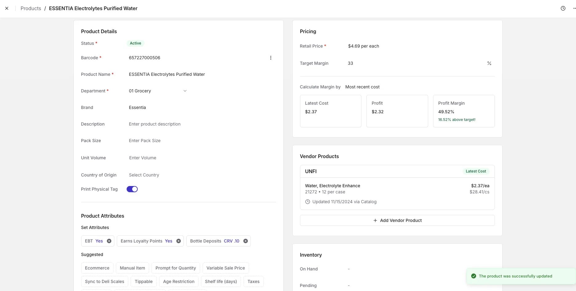 Product Details page in Back Office showing the "The product was successfully updated" confirmation pop-up in the bottom-right corner