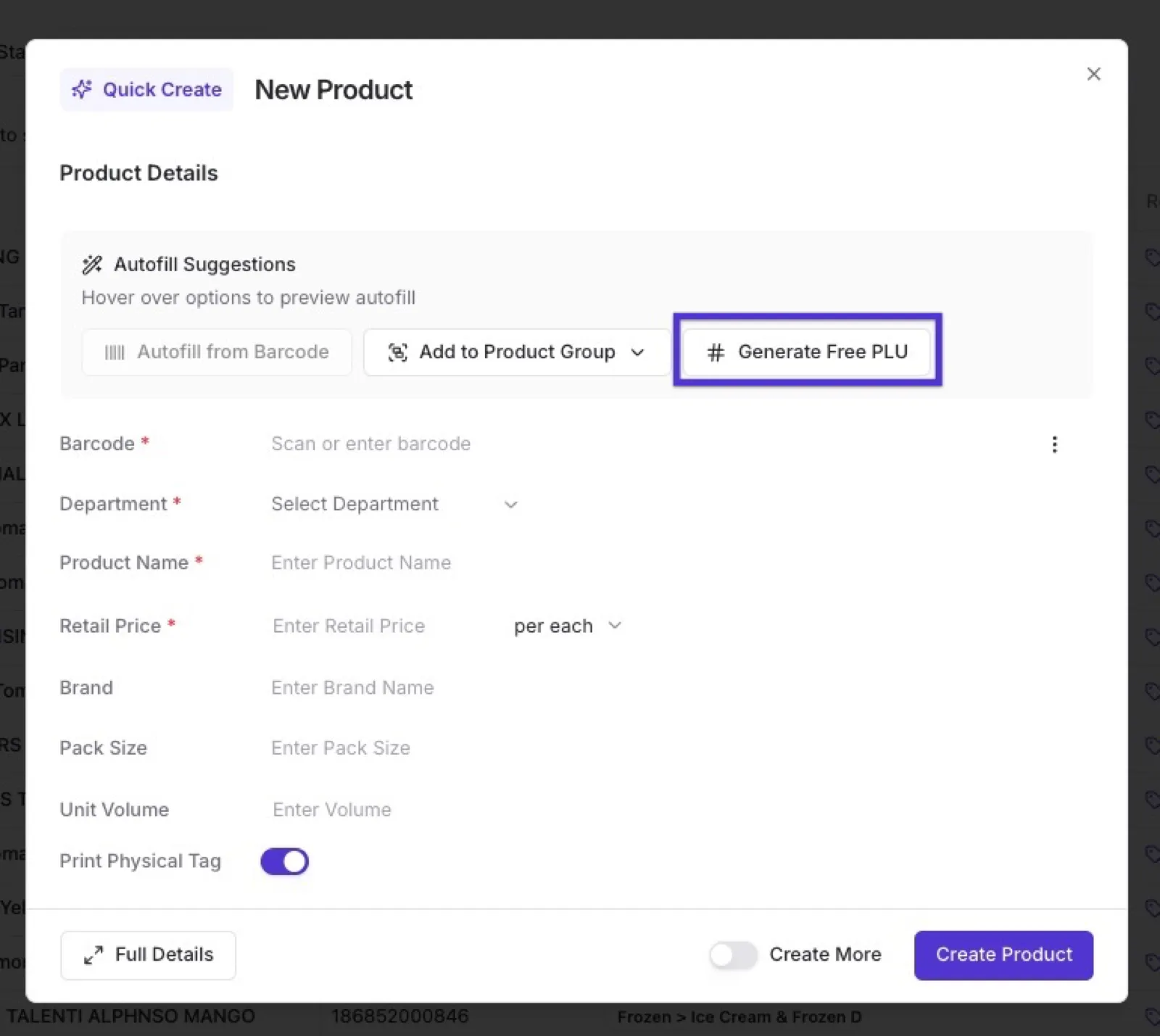 Quick Create form with the Generate Free PLU button highlighted