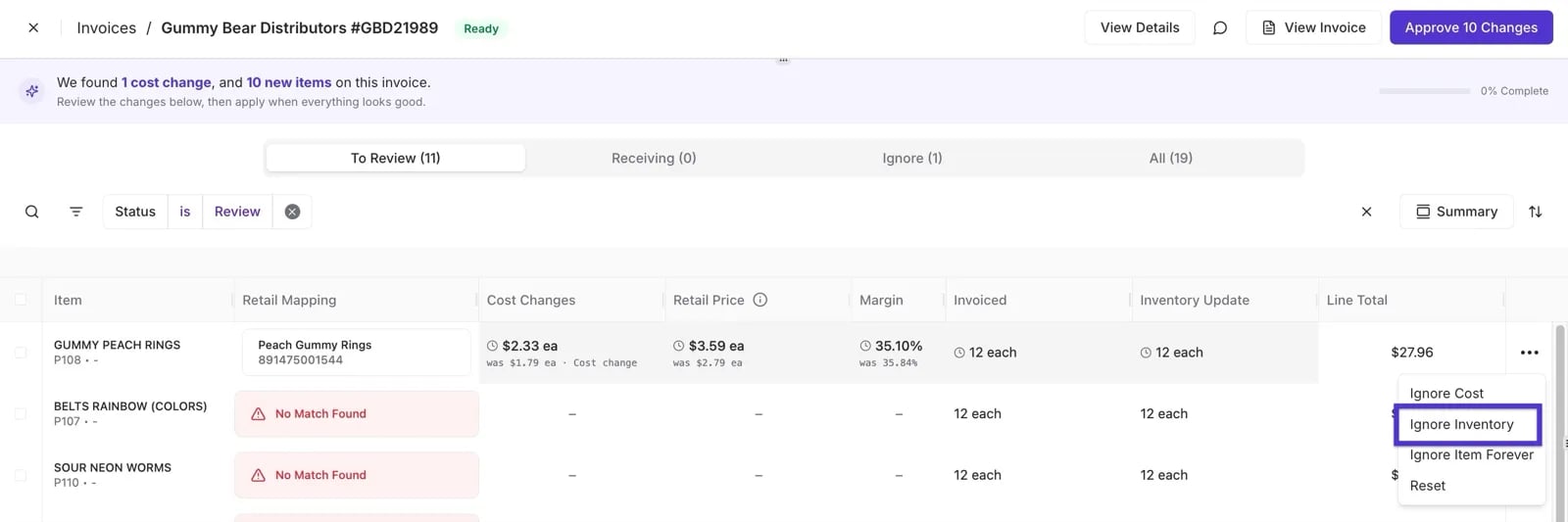 Invoice line item with the three-dot menu open and the Ignore Inventory option highlighted