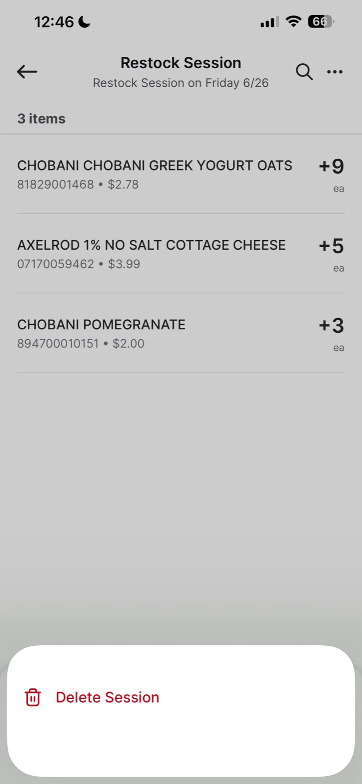 Active restock session showing three items with their quantity changes