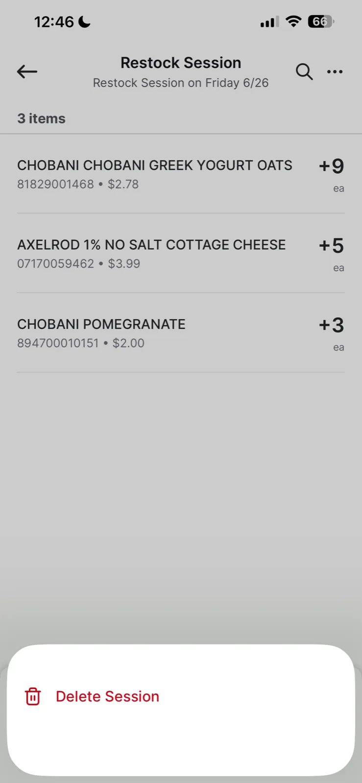 Active restock session showing three items with their quantity changes