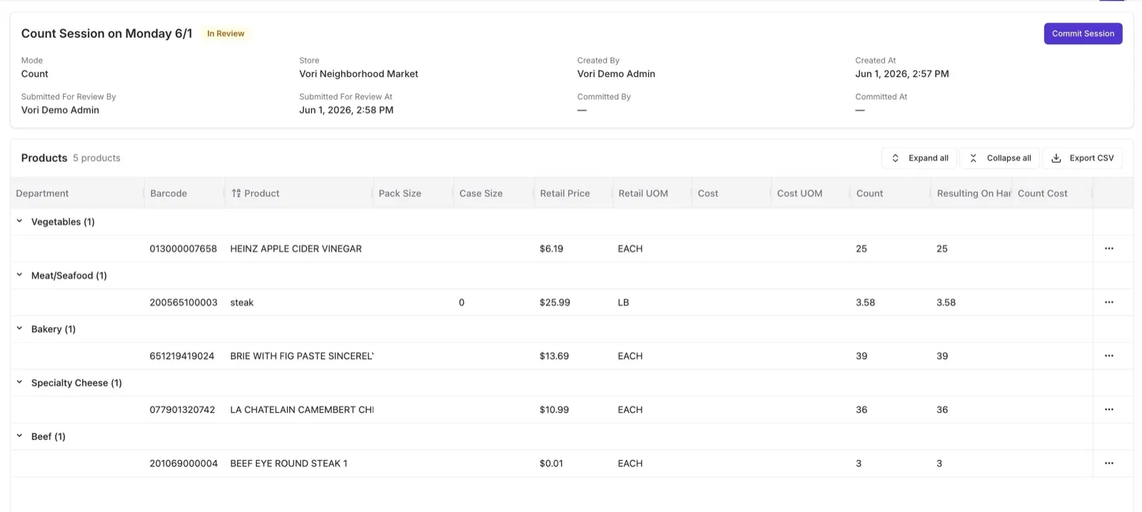 Back Office session detail for a Count session in review, showing a product table with departments, barcodes, counts, and resulting on-hand values