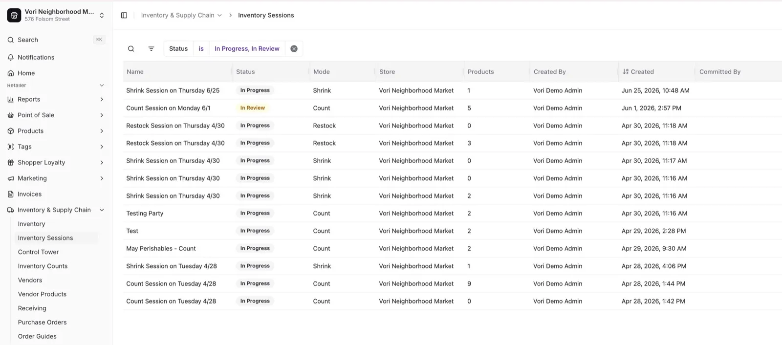 Back Office Inventory Sessions list showing sessions with their status, mode, store, and item counts