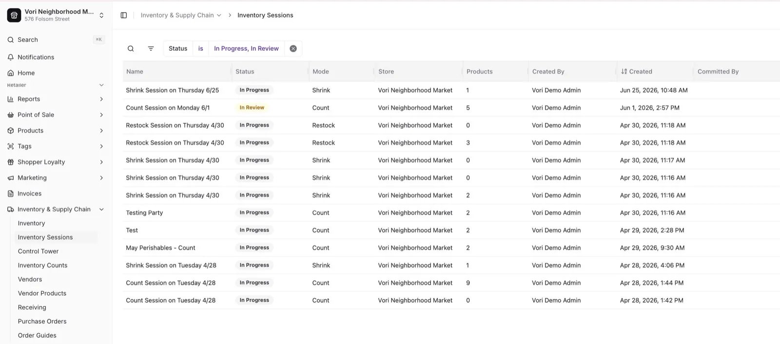 Back Office Inventory Sessions list showing sessions with their status, mode, store, and item counts