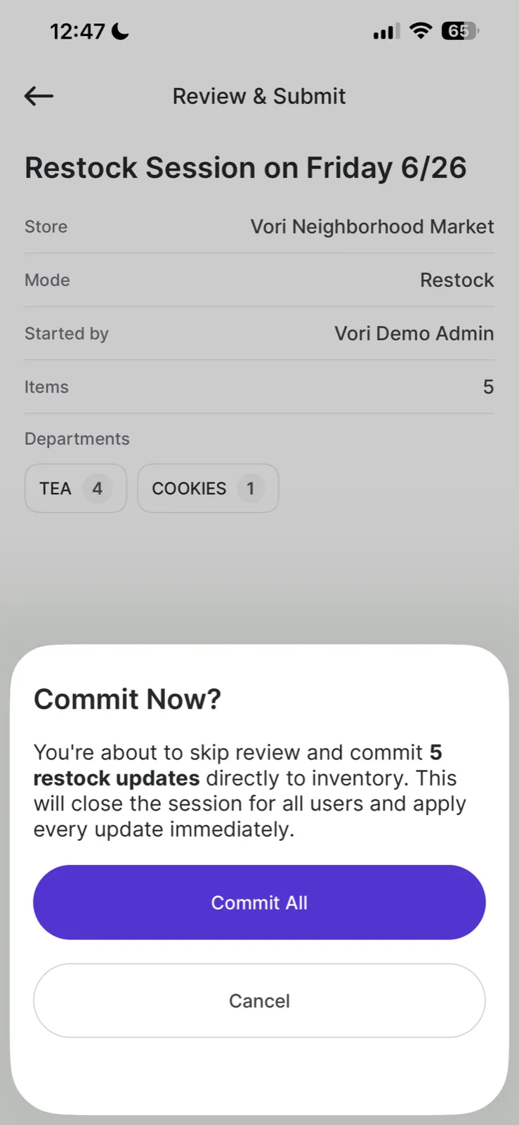 Commit Now confirmation modal explaining that all updates will be applied immediately
