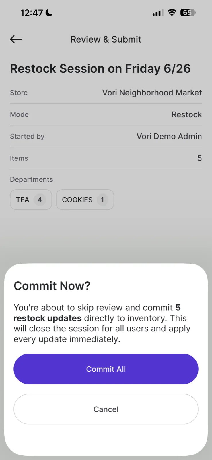 Commit Now confirmation modal explaining that all updates will be applied immediately