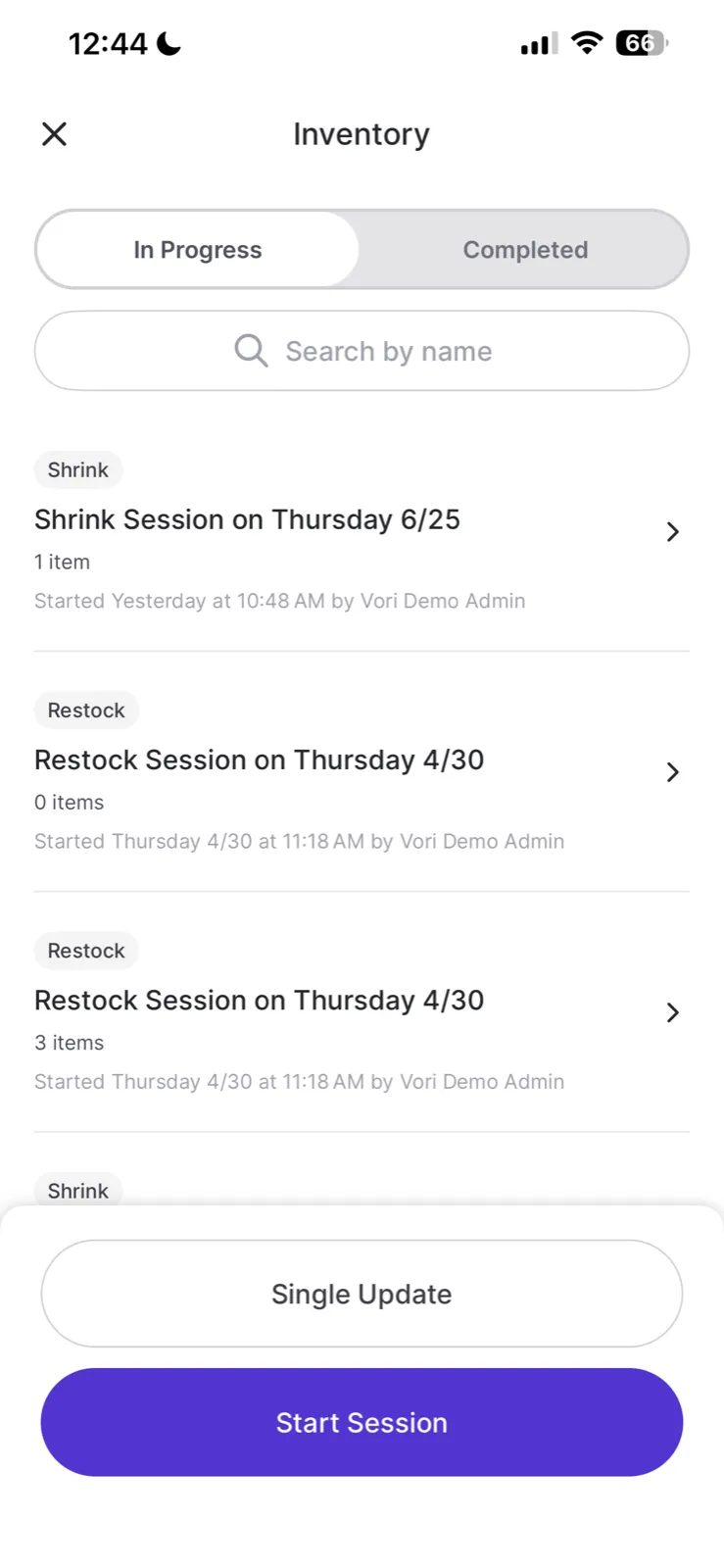 Inventory sessions list showing In Progress and Completed tabs with active sessions