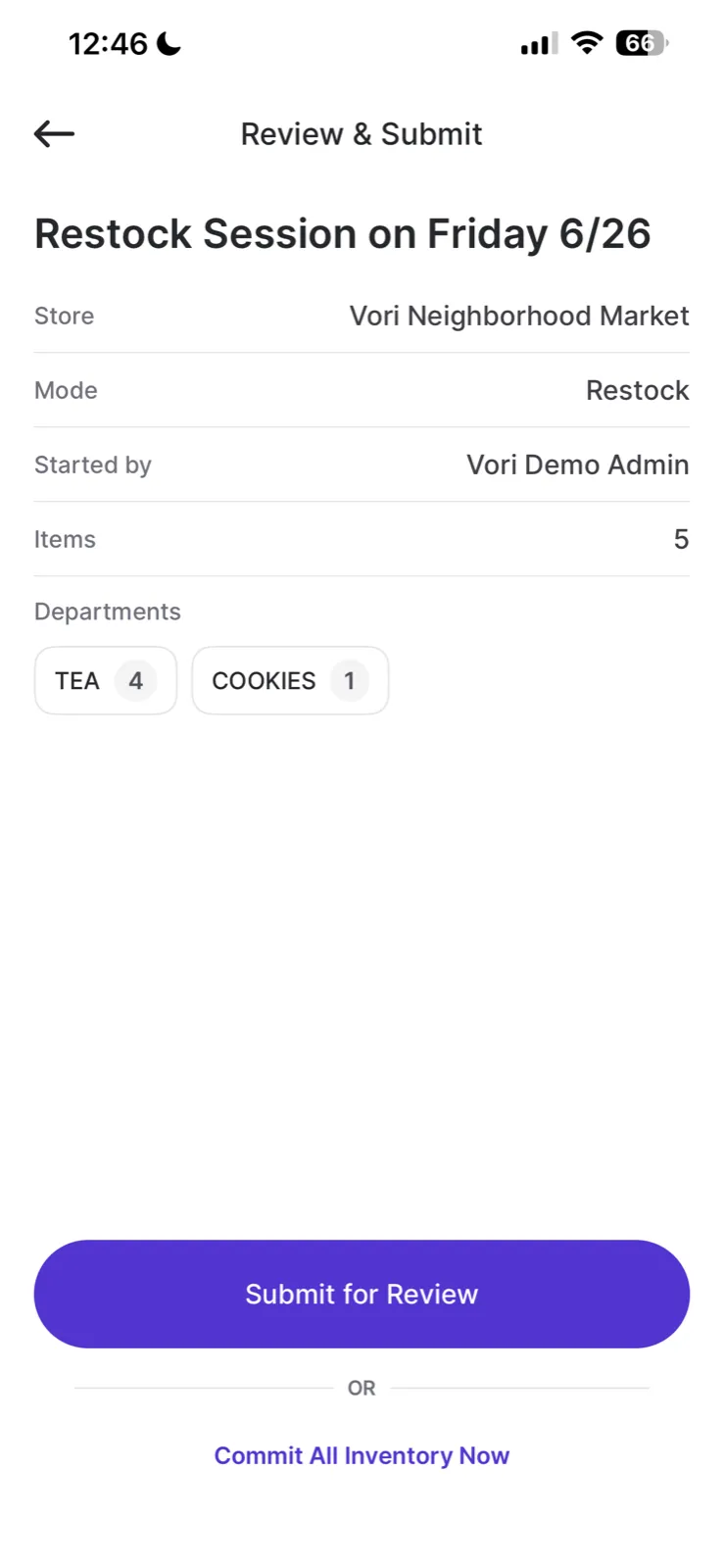 Review and Submit screen showing session summary with mode, store, started by, item count, and departments