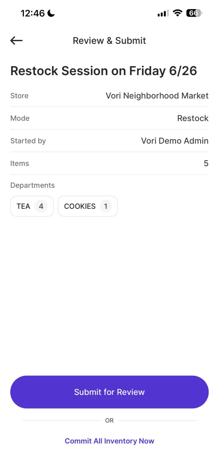 Review and Submit screen showing session summary with mode, store, started by, item count, and departments