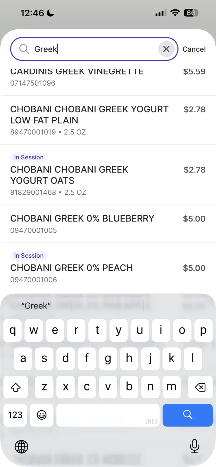 Search screen showing results for "Greek" with In Session badges on items already added to the session