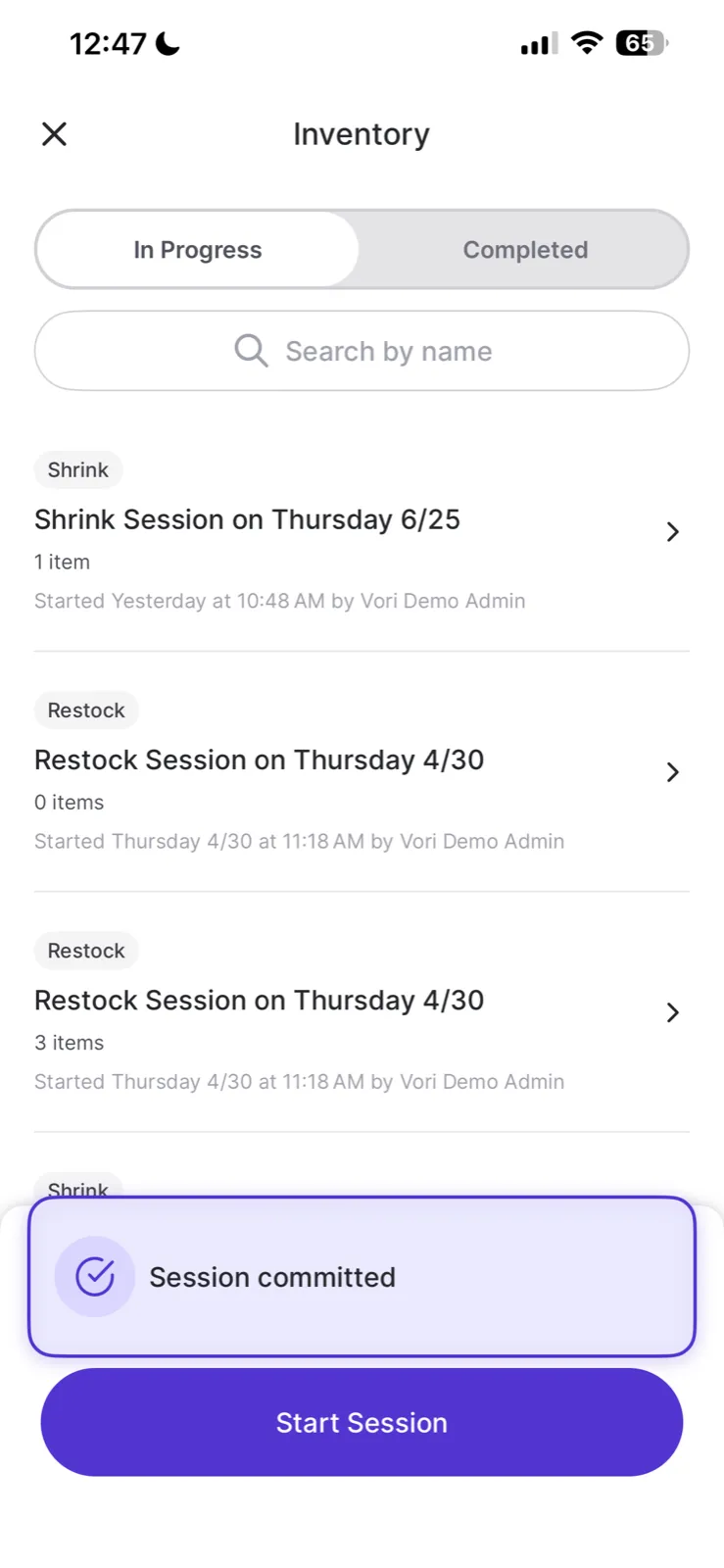 Inventory sessions list with a Session committed banner confirming the changes were applied